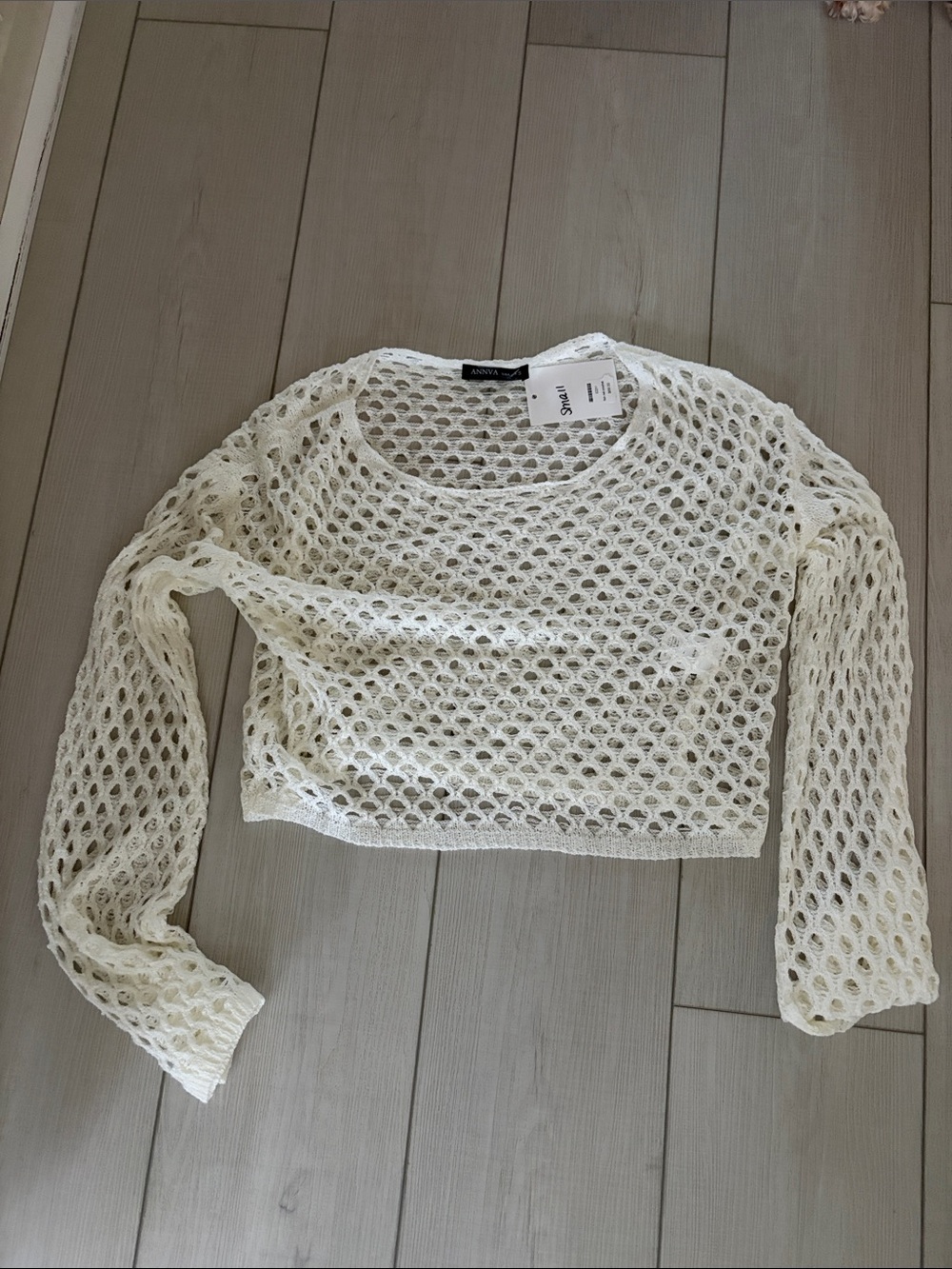 Cropped Open-Knit Long Sleeve Top in White
